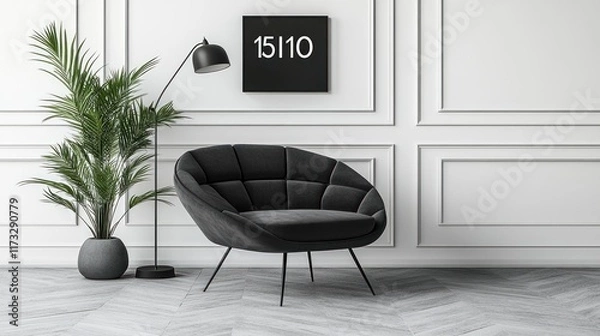 Fototapeta Modern black velvet armchair in minimalist room.