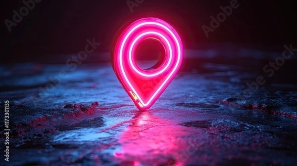 Fototapeta Pink neon light geolocation symbol isolated on a white background