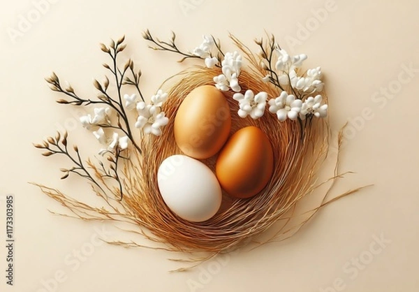 Fototapeta Easter Eggs Nest with Flowers
