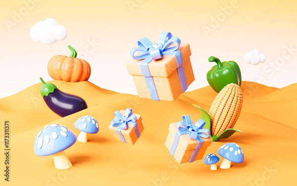 Obraz Cartoon gifts with various vegetable outdoor background, 3d rendering.