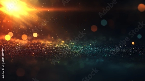 Fototapeta A blurry image of a dark background with a bright yellow sun shining through it