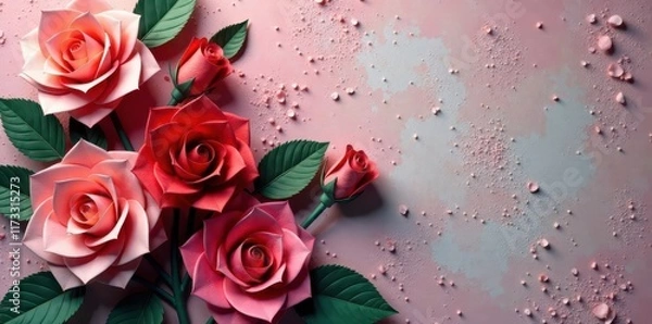 Fototapeta Multi-hued paper rose cluster, textured backdrop, rose, surface, backdrop image