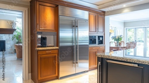 Fototapeta Modern kitchen featuring a sleek stainless steel refrigerator and wooden cabinetry.