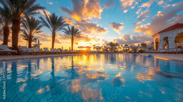 Fototapeta The resort's large outdoor swimming pool is sparkling, surrounded by many parasols and chairs. In the morning and evening, majestic coconut trees stand