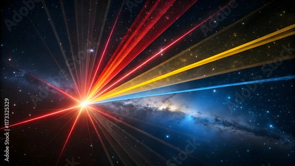 Fototapeta Colorful Light Rays Emanating from a Bright Cosmic Source in Space