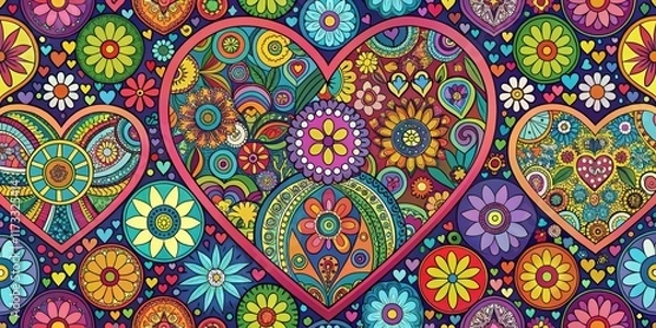 Fototapeta Colorful hearts with floral patterns and peace signs surrounded by a groovy geometric shape