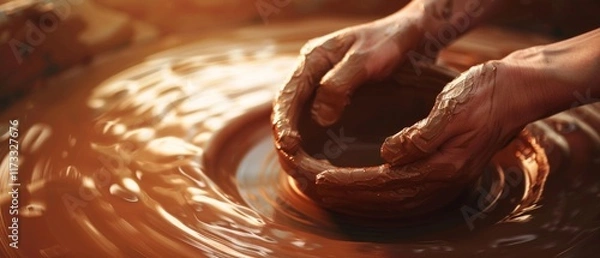 Obraz This image shows the hands of a craftsman shaping a clay pot on a potter's wheel. It is ideal for articles about crafts, creativity and traditional techniques.