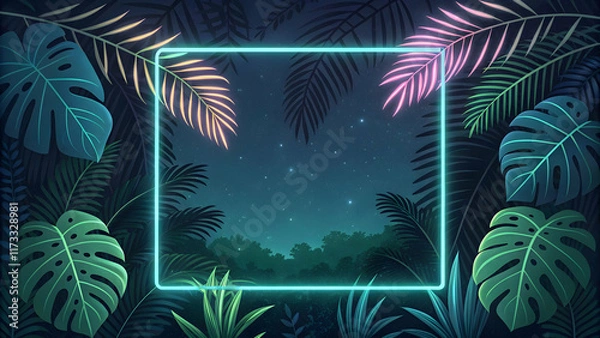 Fototapeta Vibrant Tropical Jungle Scene with Neon Frame and Starry Sky