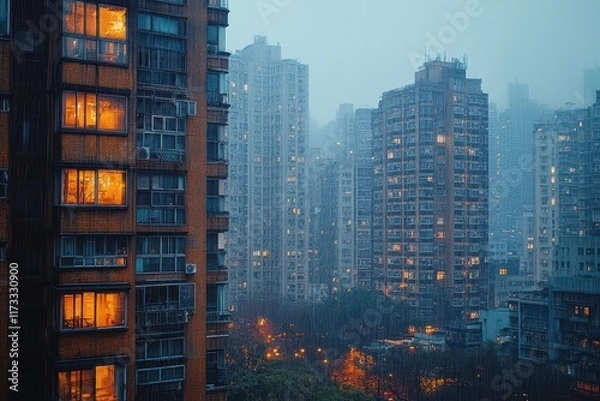 Fototapeta Urban skyline illuminated by rainy night in a busy city landscape