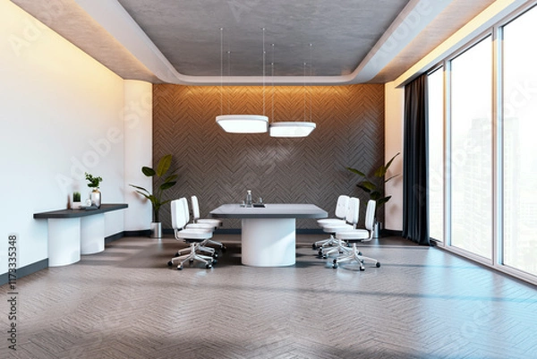 Fototapeta Modern conference room with stylish furniture, large windows, and elegant design. 3D Rendering