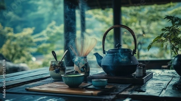 Fototapeta A rustic Japanese tea setup in a mountain retreat, with handmade pottery tea utensils, a cast iron teapot, and a steaming cup of matcha, surrounded by nature