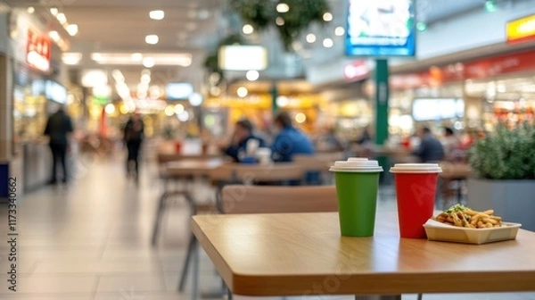 Fototapeta Two disposable cups and fries on a table in a busy food court.