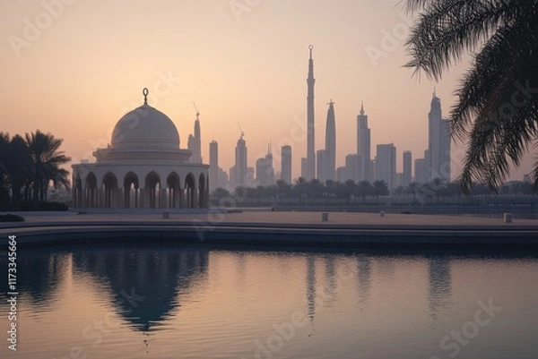 Fototapeta Silhouetted skyline of Dubai at sunrise with reflective water and a traditional architectural feature