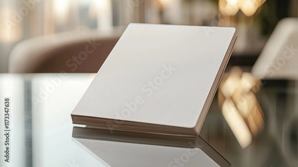 Obraz Blank notebook on glass table in hotel lobby with blurred background