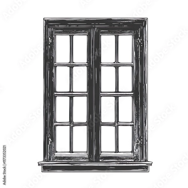 Fototapeta Sketch of a dark, closed, multi-paned, wooden framed window.