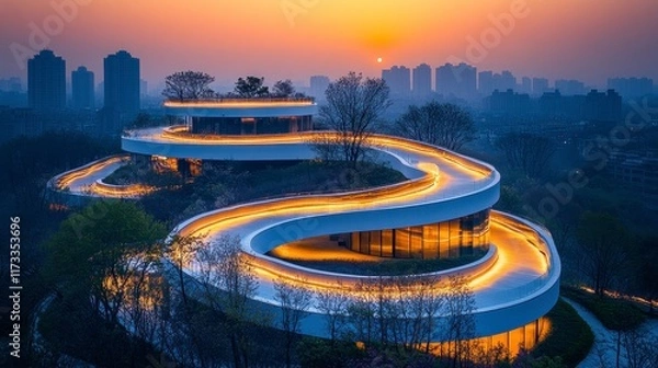 Fototapeta Serpentine building illuminated at sunset, overlooking city skyline.