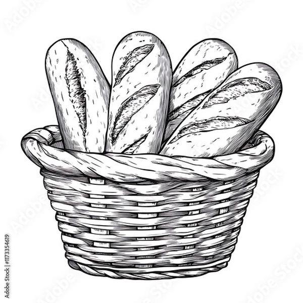 Fototapeta Sketch of bread basket with four baguette loaves.