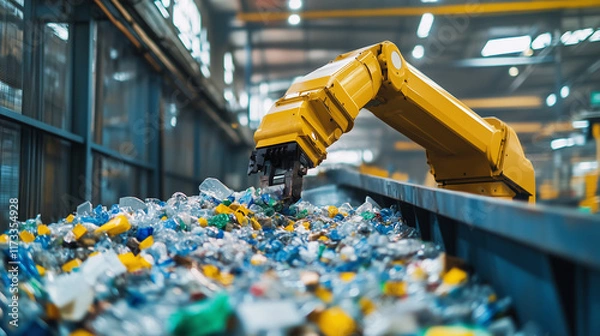Fototapeta A robotic arm sorting recyclable materials in an automated waste management facility