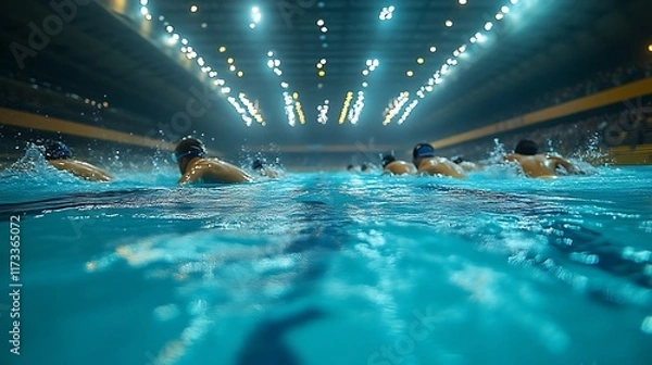 Obraz Swimmers compete in indoor pool.