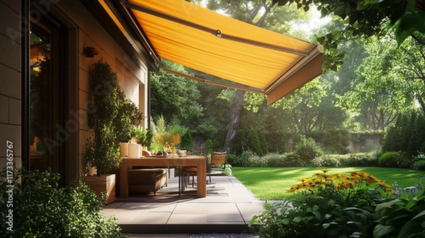 Fototapeta An outdoor patio with automated retractable awnings and solar-powered lighting