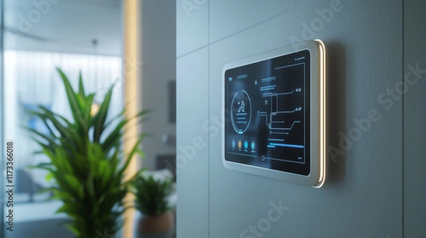 Fototapeta A central smart hub displayed on a sleek wall panel, controlling lighting, temperature, and security