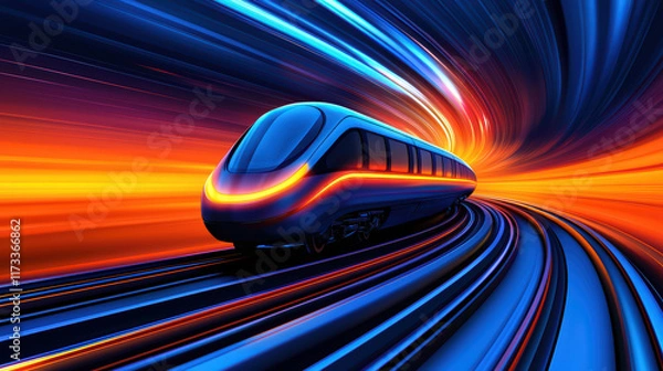 Fototapeta Futuristic train speeding through vibrant, colorful tunnel of light