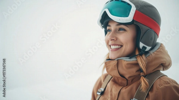 Obraz Young woman wearing ski helmet and goggles, smiling while enjoying winter vacation in snowy mountain resort