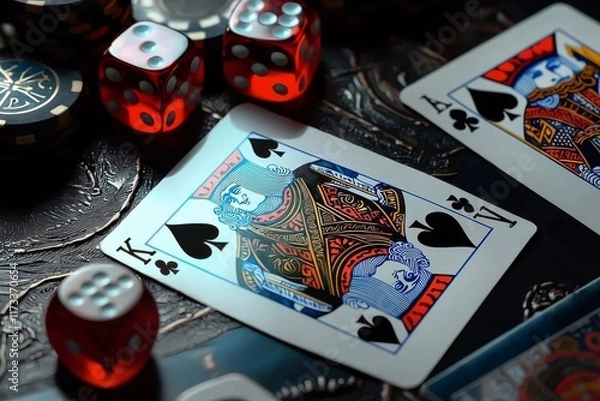 Obraz King of Spades among vibrant dice and colorful casino chips during a thrilling game night