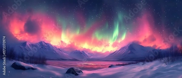 Obraz Vibrant aurora borealis over snowy mountains and frozen lake.