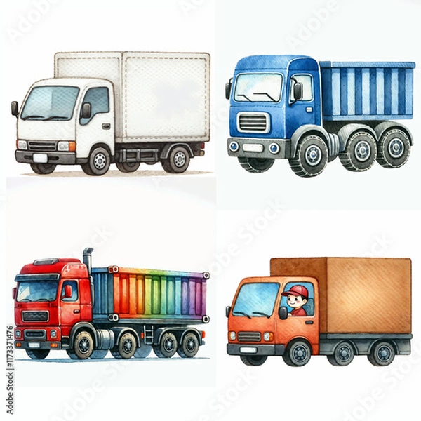 Obraz Colorful delivery trucks in various styles and sizes lined up on a white background