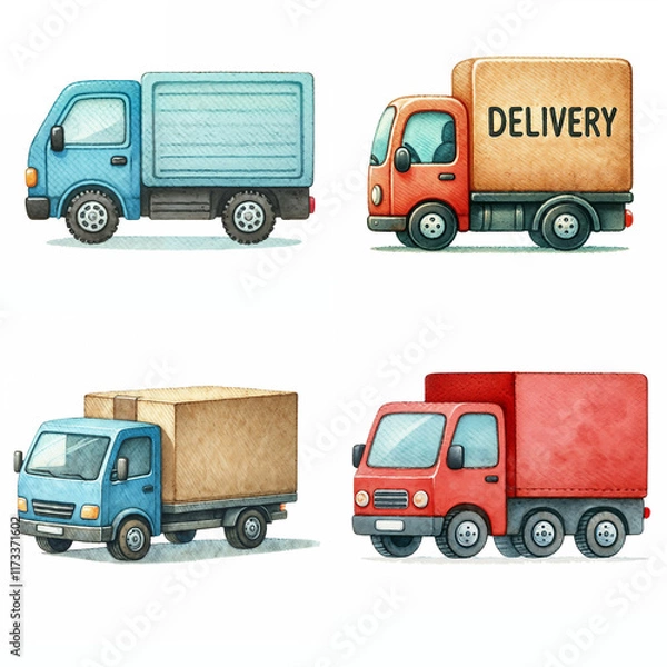 Obraz Colorful delivery trucks in various styles and sizes lined up on a white background
