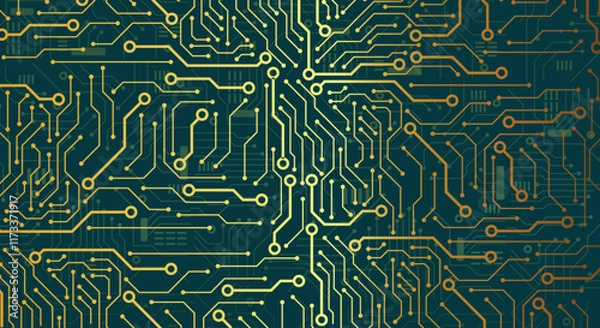 Obraz Thin circuit trace lines in golden on a dark green technology background. Abstract digital tech background. Electronics and computer technology concept. Chip and circuit board.