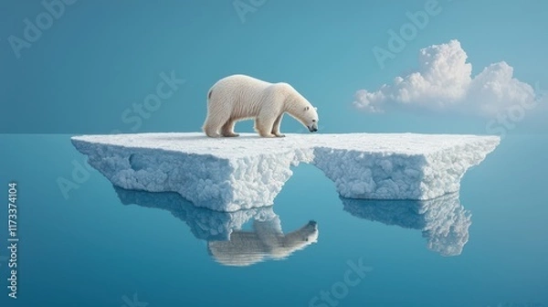 Fototapeta A lone polar bear stranded on a shrinking ice floe, surrounded by melting ice and deep blue water, conveying the impact of global warming on Arctic wildlife and habitats.