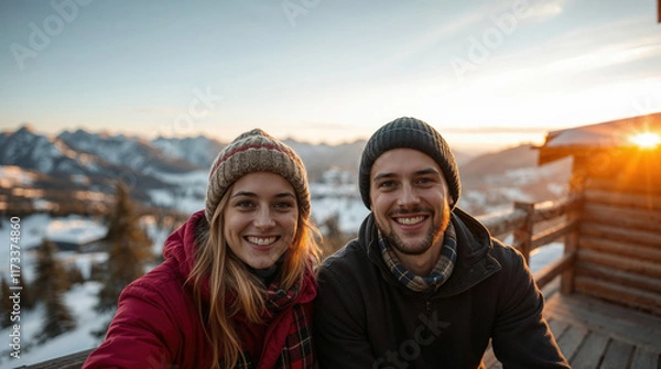 Obraz Young couple enjoying stunning sunset view from wooden viewpoint in snowy mountain landscape