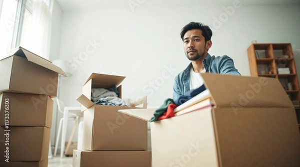 Obraz Young man packing clothes into a cardboard box, preparing for a move to a new home and organizing belongings for relocation