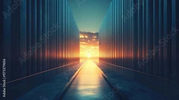 Fototapeta Rows of metallic rods stretching toward a glowing horizon, creating powerful leading lines that add depth and focus to the dynamic composition