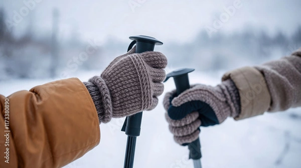Obraz Hikers are enjoying a snowy winter landscape, holding trekking poles for support and balance