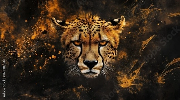 Fototapeta A cheetah's face is shown in a black and orange background