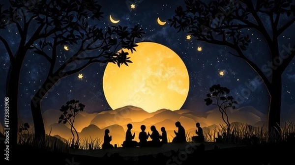Fototapeta Paper-cut silhouette of people praying under paper art 3d background 