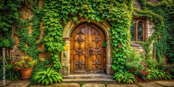 Fototapeta Medieval Doorway Overgrown with Ivy: Double Exposure Stock Photo