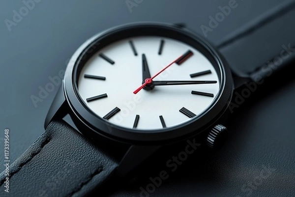 Fototapeta Sleek black wristwatch with a white face and red second hand.  Minimalist design, perfect for modern style.