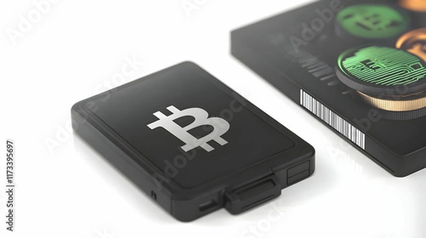 Fototapeta Bitcoin hardware wallet security, cryptocurrency storage, digital asset protection, close-up shot, white background, for financial technology websites.