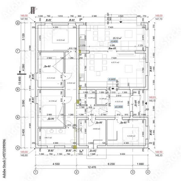 Fototapeta Vector architectural project of a private house floor plan
