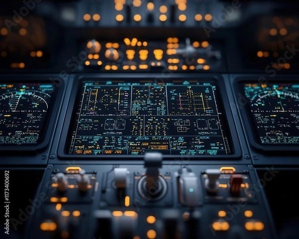 Fototapeta Closeup of the avionics panel, featuring touchscreens and digital interfaces for modern flight management