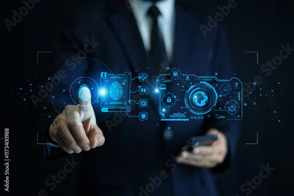 Fototapeta The businessman is using advanced AI technology and biometric security systems, such as fingerprint scanning, to enhance data protection and streamline digital operations.