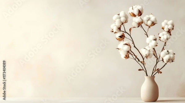 Fototapeta Cotton branches arranged in a simple vase on a light background, creating a serene and minimalist decor for a modern interior setting
