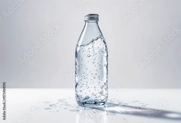 Fototapeta Effervescent Water Glistens in a Glass Bottle, Capturing the Essence of Refreshment and Clarity