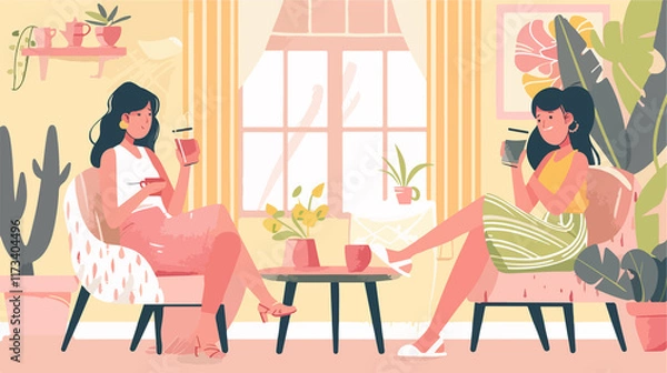 Fototapeta Two Girlfriends Enjoying Drinks Together in Modern Apartment Setting