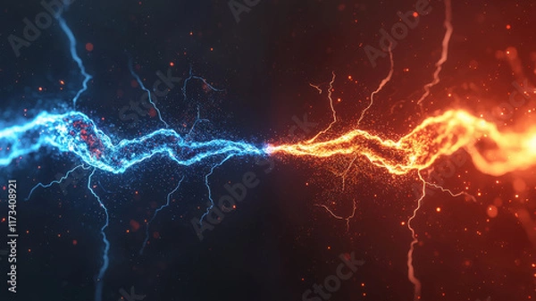 Fototapeta Fusion Energy and Laser Experiments Concept, Dynamic fusion of blue and orange energy with electric sparks