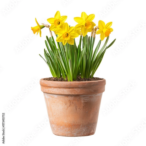 Fototapeta A potted plant with vibrant yellow daffodils isolated on white background and transparent background showcasing its fresh green leaves and earthy terracotta pot.